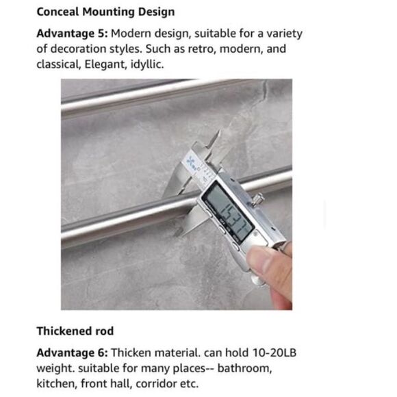 *NEW*Set Of 2 TocTen Stainless Steel Thicken Wall Mounted Double Bath Towel Bar - Picture 8 of 16